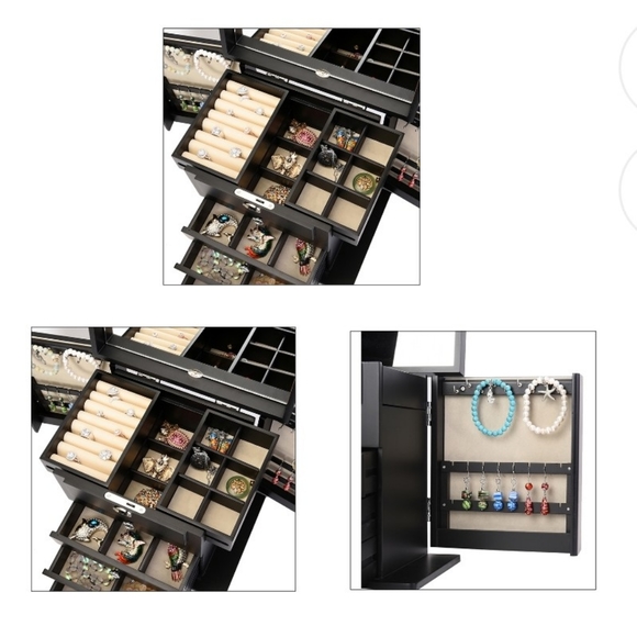 NEW Black Wooden Carved Flower with Crystals 5 Tier Jewelry Box w/Lock - Picture 7 of 8